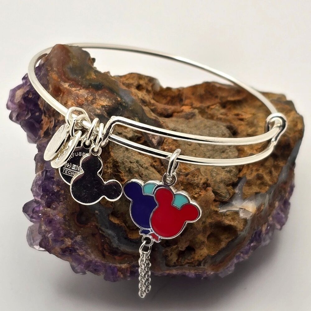Alex And Ani Mickey Mouse Balloons Charms & Chain Detail Silver Bangle Bracelet - Picture 7 of 7